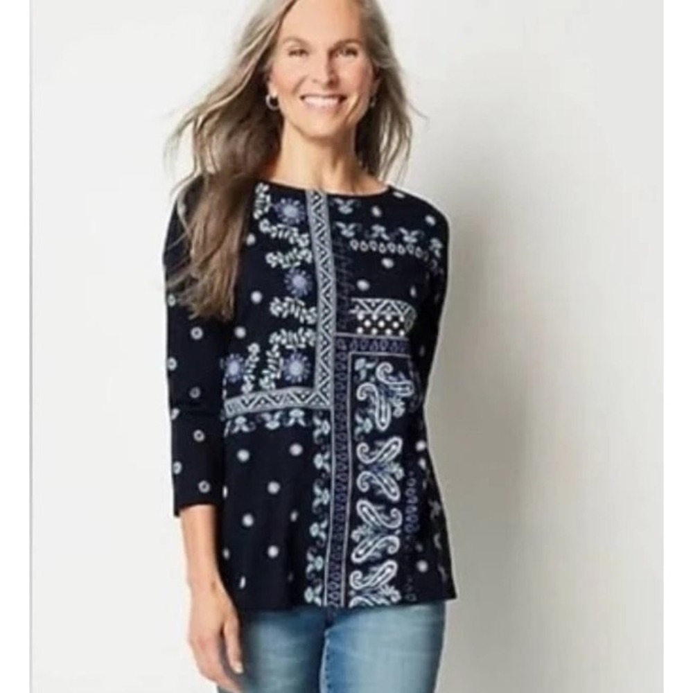 J. Jill M Flagstaff Embroidered‎ Patchwork Top Navy Blue Boatneck Boho Cottage